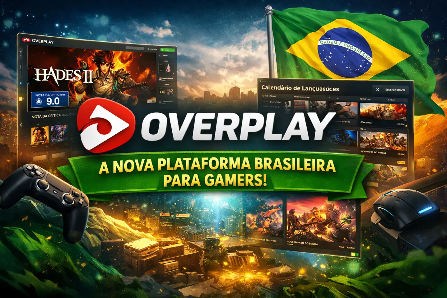 Arte promocional da Overplay, nova plataforma brasileira de games, com logo, interface da plataforma, controle, mouse e bandeira do Brasil