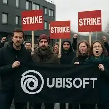 Grupo de desenvolvedores de jogos com cartazes fazendo greve